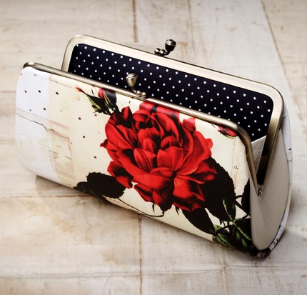 Red Ruby Rose Printed Leather Clutch Bag