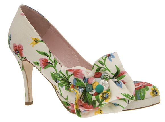 The Hannah Vintage Fabric platform shoe, with removable fabric flower ~ £445, from the Emmy Custom Made Wedding Shoes 'Secret Garden Collection'...