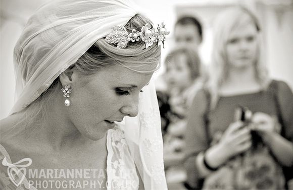 Bride Rebecca, wearing her Royst and Aran vintage headband...