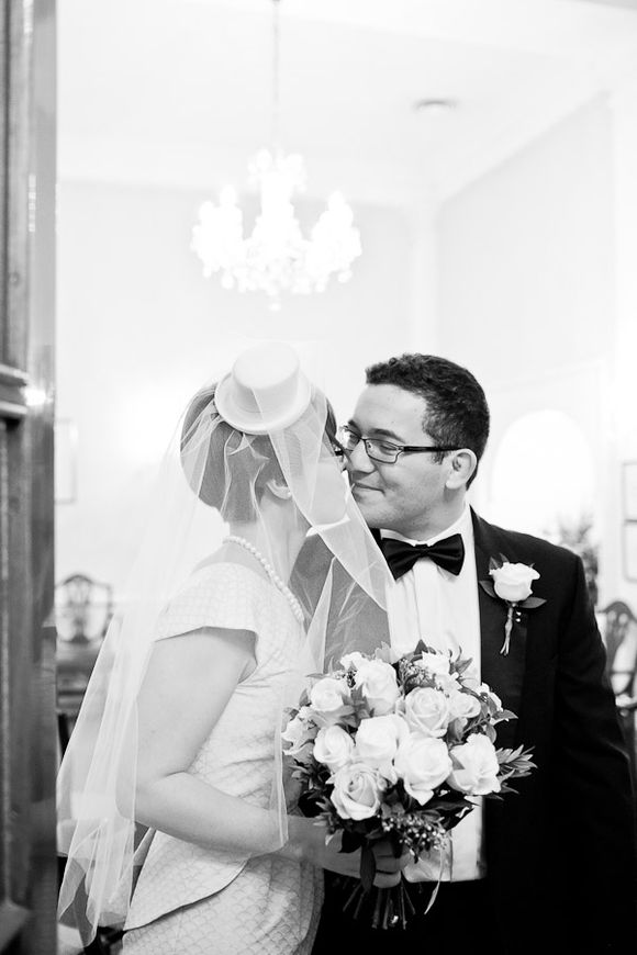 Michel Uffie miniature top hat and veil and Short Temperley Wedding Dress