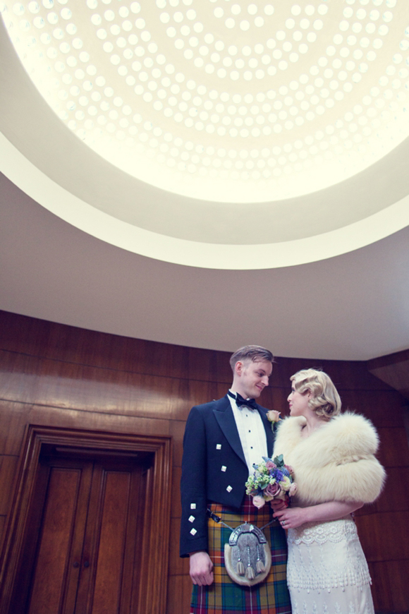 A 1920s and 1930s inspired wedding at Eltham Palace, Bride wearing Kristene by Claire Pettibone...