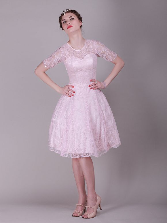 For Her ANd For Him Short Pink Lace bridesmaids dress