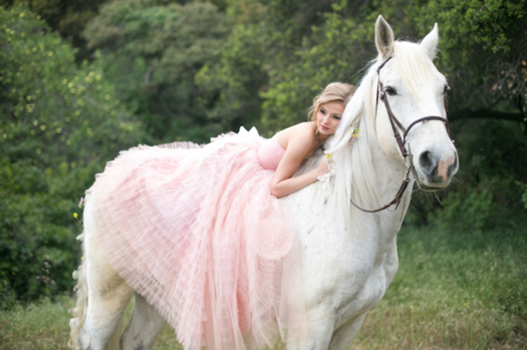 Fairytale secret garden wedding with vintage dress in pink layered tulle