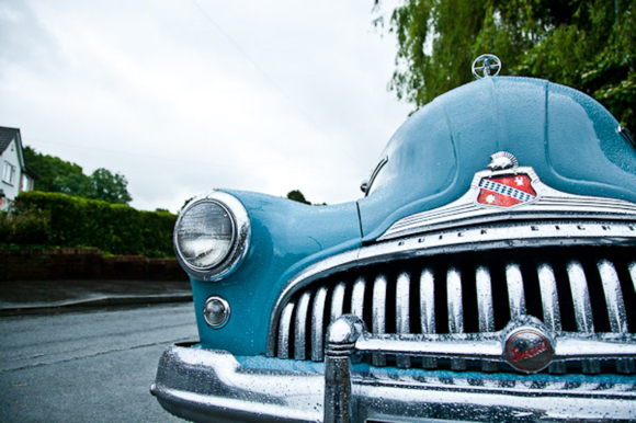 Polka Dot Blue Wedding Dress and a 1948 Baby Blue Buick...