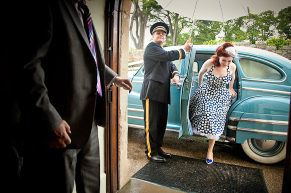 Polka Dot Blue Wedding Dress and a 1948 Baby Blue Buick...