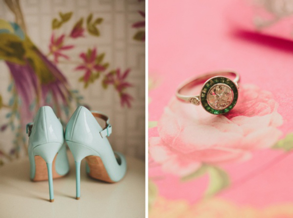 Pale green wedding shoes + beaded backless wedding dress