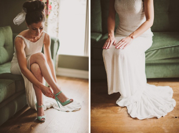 Pale green wedding shoes + beaded backless wedding dress
