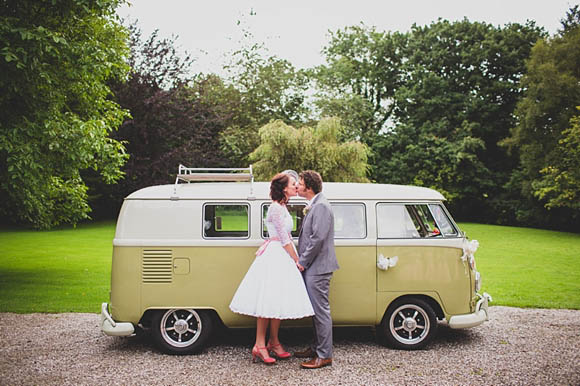 Candy Anthony 1950s style wedding dress with sleeves, VW camper van wedding