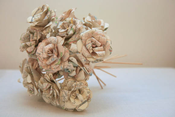 handmade paper roses and bespoke illustrated wedding invitations