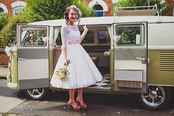 Candy Anthony 1950s style wedding dress with sleeves, VW camper van wedding
