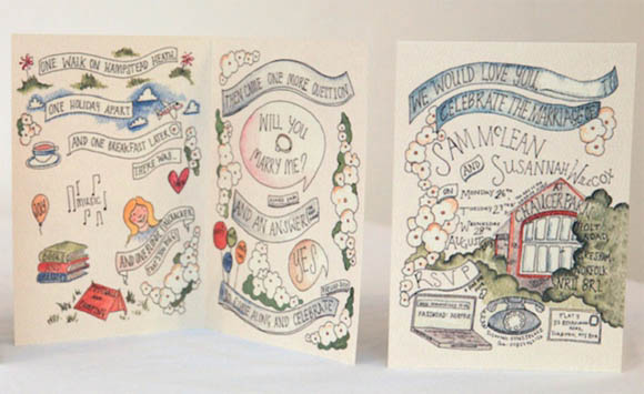 handmade paper roses and bespoke illustrated wedding invitations