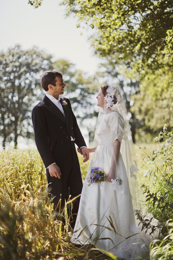 Vintage wedding, 1950s wedding dress, 1950s veil and 1930s tails for the groom