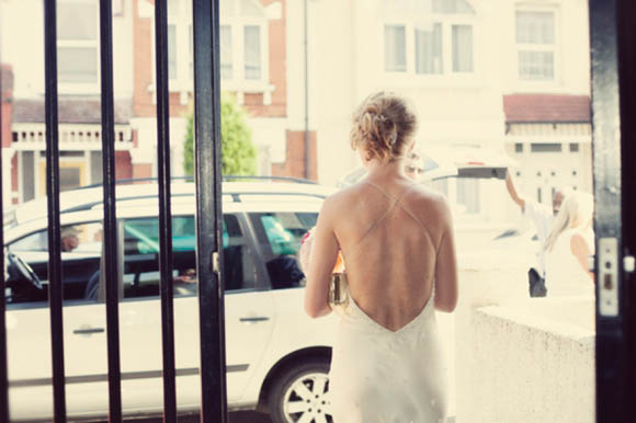 backless Jenny Packham wedding dress, city chic wedding, French brasserie