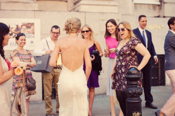 backless Jenny Packham wedding dress, city chic wedding, French brasserie