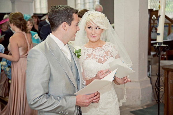 Stewart Parvin wedding dress and pale blue hydrangea wedding bouquets