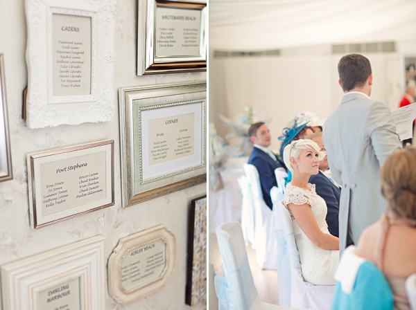 Stewart Parvin wedding dress and pale blue hydrangea wedding bouquets