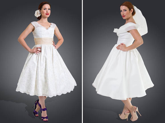 Short, tea length and 1950s inspired wedding dresses by Cutting Edge Brides