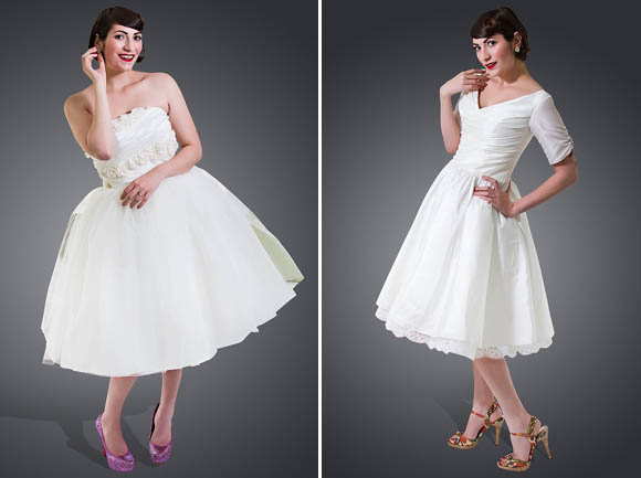 Short, tea length and 1950s inspired wedding dresses by Cutting Edge Brides