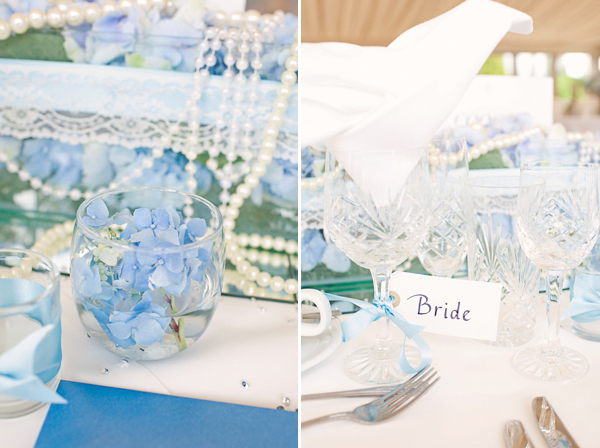 Stewart Parvin wedding dress and pale blue hydrangea wedding bouquets