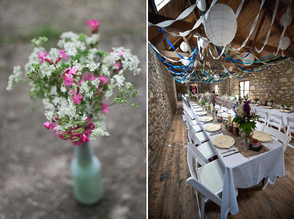 Pale blue Belle and Bunty wedding dress and flowers in her hair