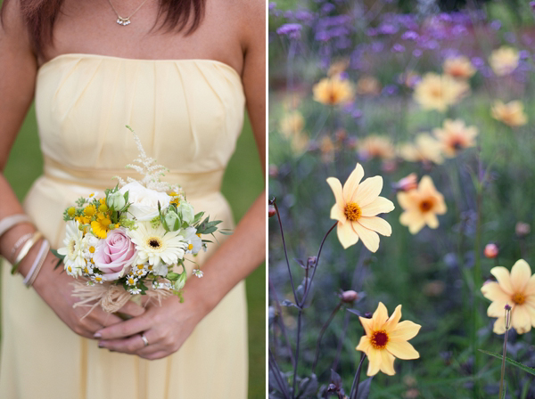 1970s inspired wedding dress buttercup yellow rustic countryside English wedding photograpy by Victoria Phipps