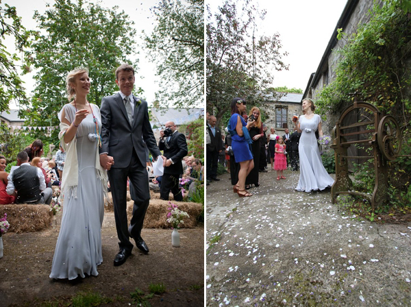 Pale blue Belle and Bunty wedding dress and flowers in her hair