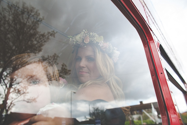 Colourful flower crown Pronvias wedding dress