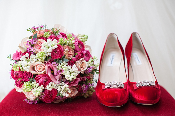Pronovias wedding dress red wedding shoes