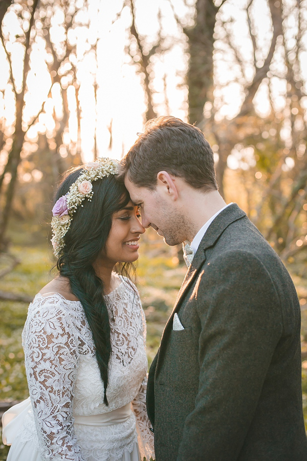 Charlie Brear vintage wedding dress, boho bride, bohemian style wedding, outdoor wedding, flower crown, photography by Aled Garfield