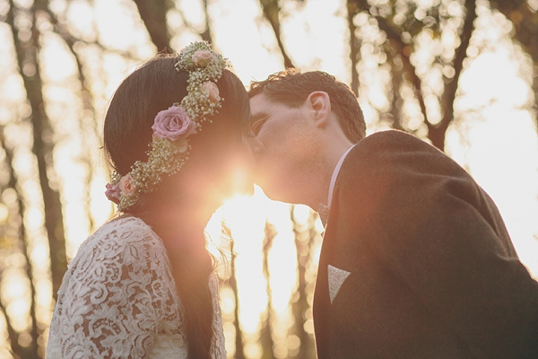 Charlie Brear vintage wedding dress, boho bride, bohemian style wedding, outdoor wedding, flower crown, photography by Aled Garfield