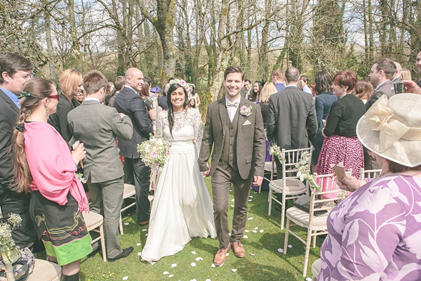 Charlie Brear vintage wedding dress, boho bride, bohemian style wedding, outdoor wedding, flower crown, photography by Aled Garfield