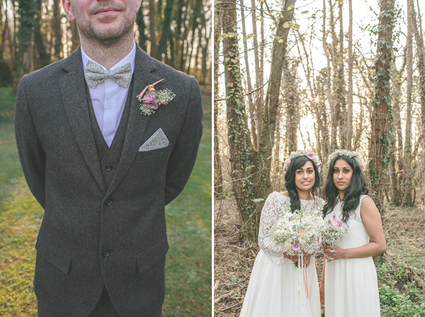 Charlie Brear vintage wedding dress, boho bride, bohemian style wedding, outdoor wedding, flower crown, photography by Aled Garfield