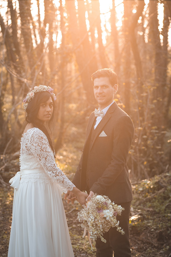 Charlie Brear vintage wedding dress, boho bride, bohemian style wedding, outdoor wedding, flower crown, photography by Aled Garfield