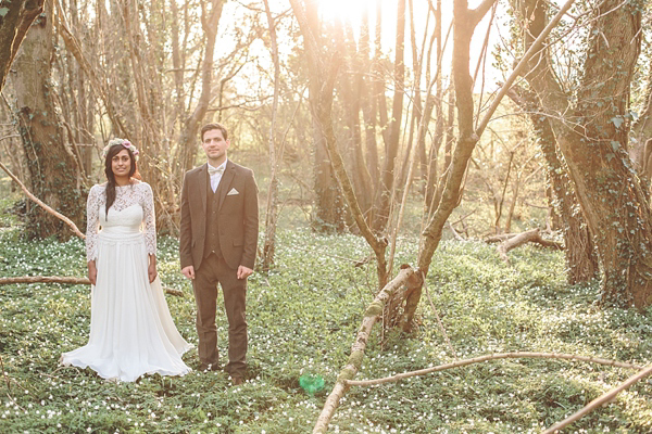 Charlie Brear vintage wedding dress, boho bride, bohemian style wedding, outdoor wedding, flower crown, photography by Aled Garfield