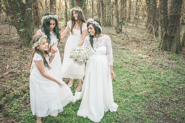 Charlie Brear vintage wedding dress, boho bride, bohemian style wedding, outdoor wedding, flower crown, photography by Aled Garfield