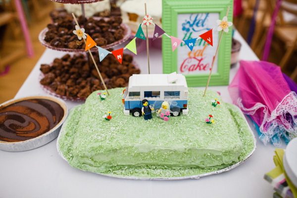 A lego rainbow and cake festival wedding, photograpy by Emma Case