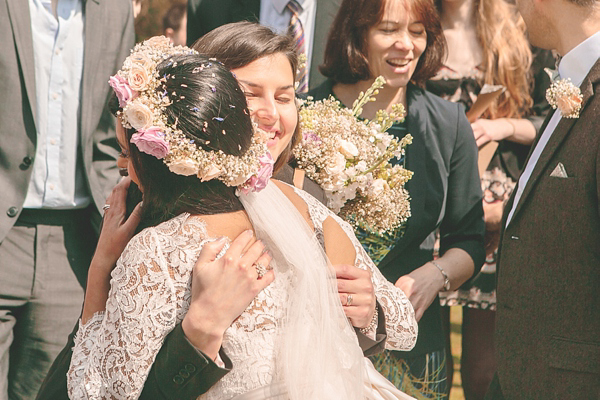 Charlie Brear vintage wedding dress, boho bride, bohemian style wedding, outdoor wedding, flower crown, photography by Aled Garfield