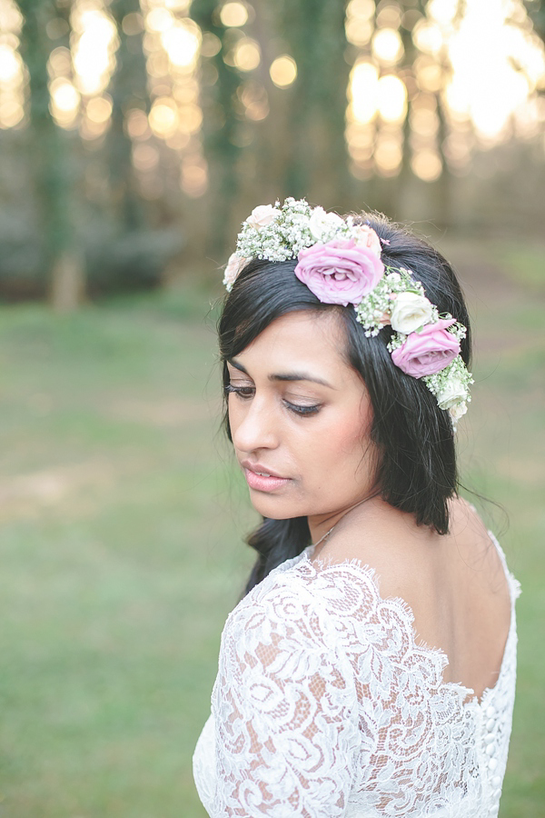 Charlie Brear vintage wedding dress, boho bride, bohemian style wedding, outdoor wedding, flower crown, photography by Aled Garfield