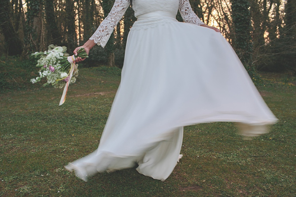 Charlie Brear vintage wedding dress, boho bride, bohemian style wedding, outdoor wedding, flower crown, photography by Aled Garfield