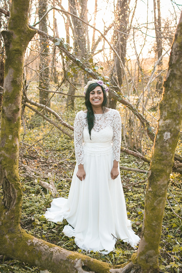 Charlie Brear vintage wedding dress, boho bride, bohemian style wedding, outdoor wedding, flower crown, photography by Aled Garfield