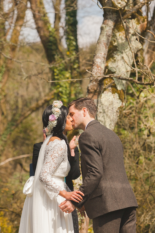 Charlie Brear vintage wedding dress, boho bride, bohemian style wedding, outdoor wedding, flower crown, photography by Aled Garfield