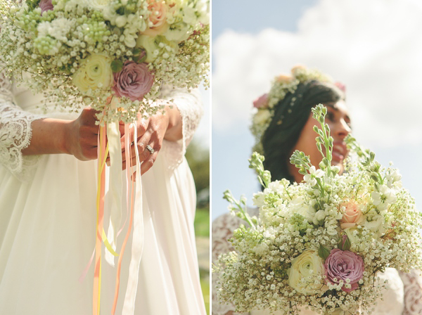 Charlie Brear vintage wedding dress, boho bride, bohemian style wedding, outdoor wedding, flower crown, photography by Aled Garfield