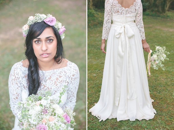 Charlie Brear vintage wedding dress, boho bride, bohemian style wedding, outdoor wedding, flower crown, photography by Aled Garfield