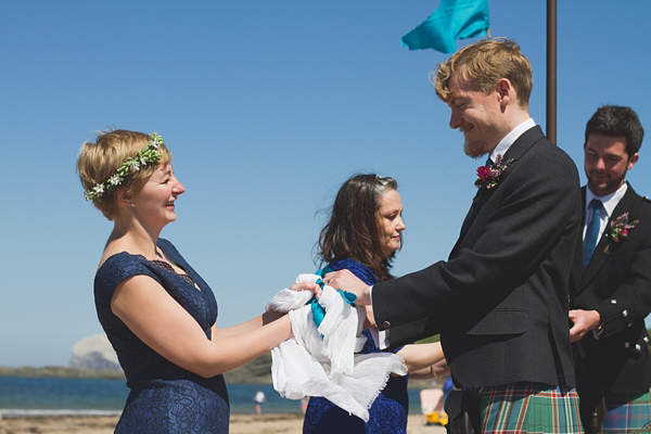 barefoot bride, beach wedding, seaside wedding, Scottish wedding, humanist wedding ceremony, humanist blessing, blue wedding dress, Sally T Photography