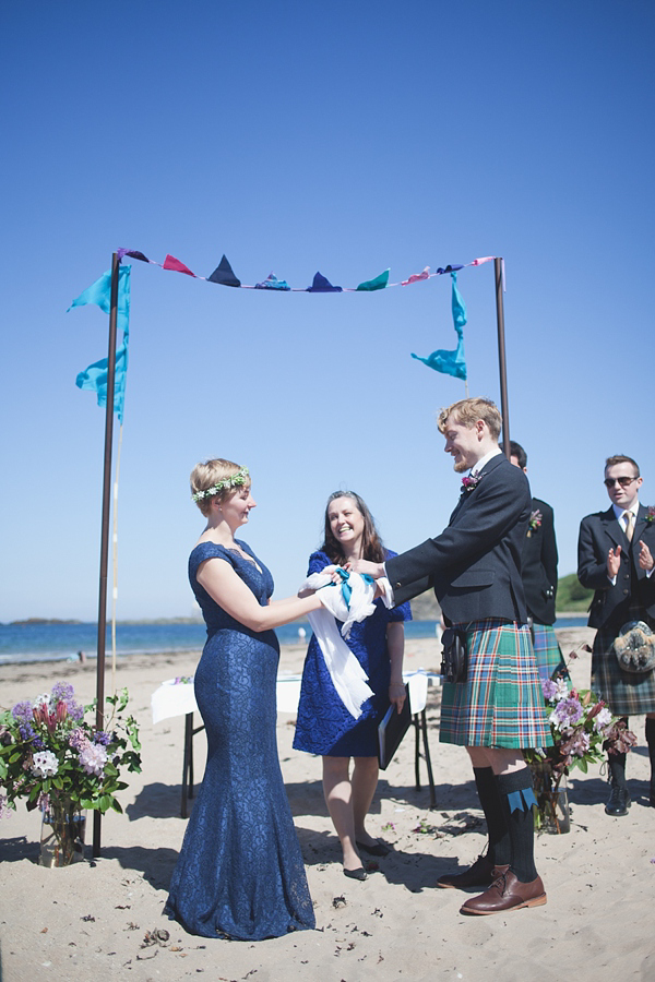 barefoot bride, beach wedding, seaside wedding, Scottish wedding, humanist wedding ceremony, humanist blessing, blue wedding dress, Sally T Photography