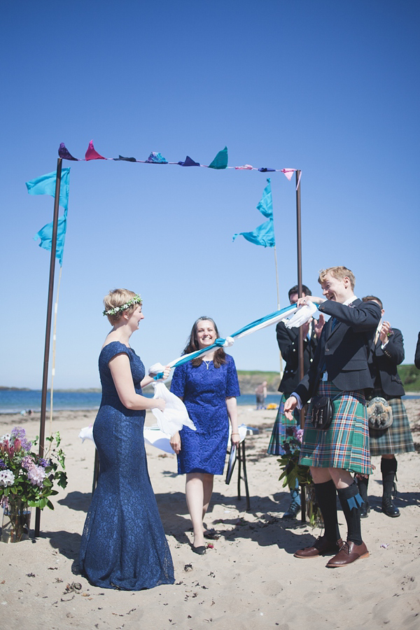 barefoot bride, beach wedding, seaside wedding, Scottish wedding, humanist wedding ceremony, humanist blessing, blue wedding dress, Sally T Photography