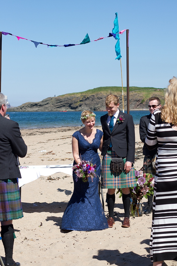 barefoot bride, beach wedding, seaside wedding, Scottish wedding, humanist wedding ceremony, humanist blessing, blue wedding dress, Sally T Photography