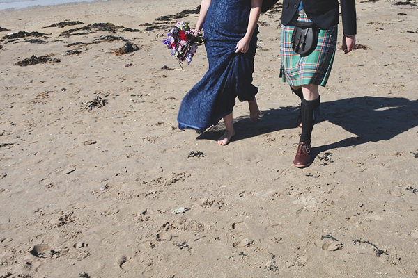 barefoot bride, beach wedding, seaside wedding, Scottish wedding, humanist wedding ceremony, humanist blessing, blue wedding dress, Sally T Photography