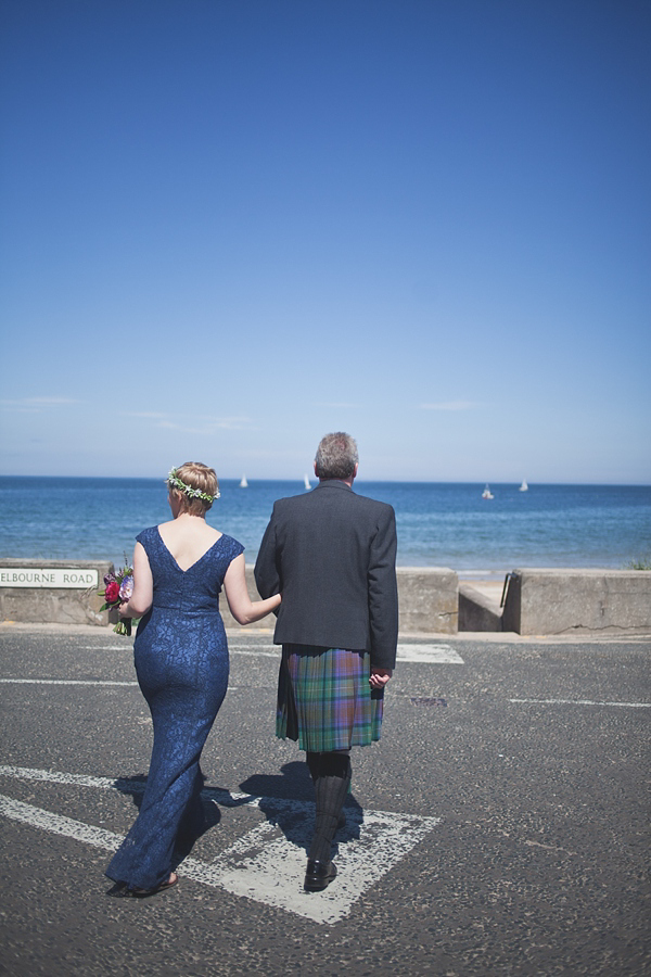 barefoot bride, beach wedding, seaside wedding, Scottish wedding, humanist wedding ceremony, humanist blessing, blue wedding dress, Sally T Photography