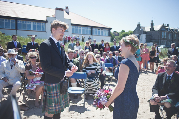 barefoot bride, beach wedding, seaside wedding, Scottish wedding, humanist wedding ceremony, humanist blessing, blue wedding dress, Sally T Photography